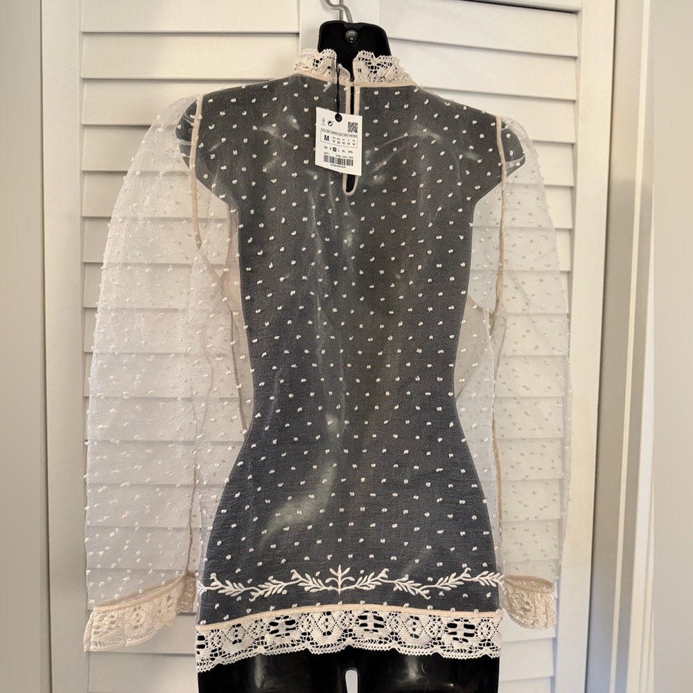 Zara Elegant Vintage Inspired Lace Embroidered Women's Sheer Top Size Medium NWT - Picture 6 of 9